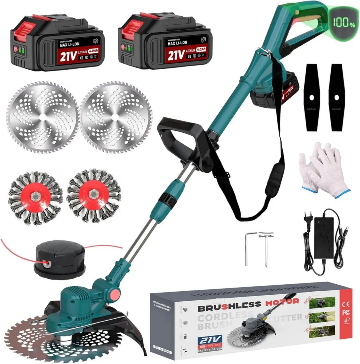Kraftvoller Akku-Rasentrimmer mit 750W bürstenlosem Motor und Unkrautbürste, kompatibel mit Makita Akkus, inkl. 2 x 4.0Ah Batterien & Ladegerät