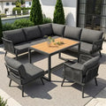 7-Personen Gartenset: Ecksofa, Sessel & Couchtisch aus Metall und Holz, wetterfest mit abnehmbaren Kissenbezügen