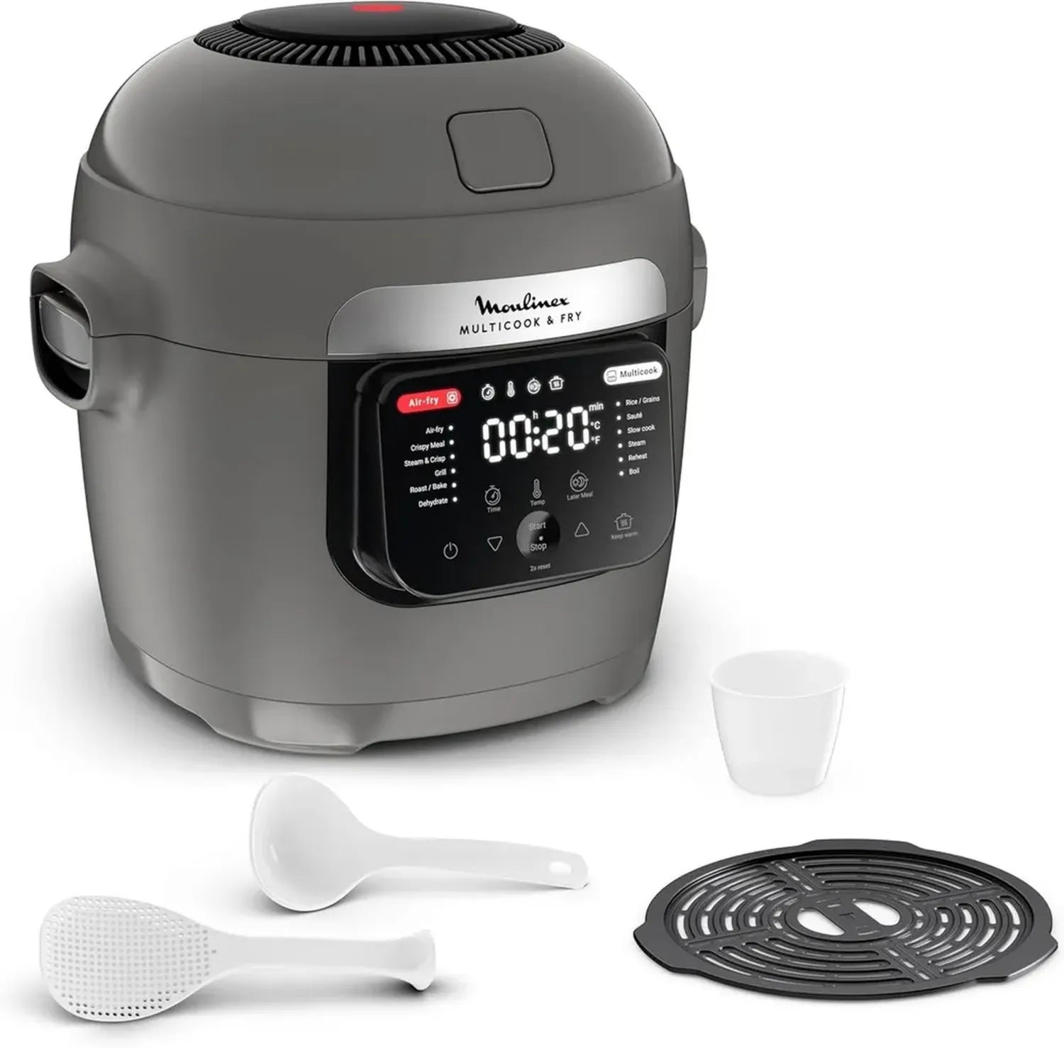 Moulinex 2-in-1 Multikocher und Airfryer, 12 Programme, 6L, Verzögerter Start, Doppelstöckiges Kochen, Hippo-Grau