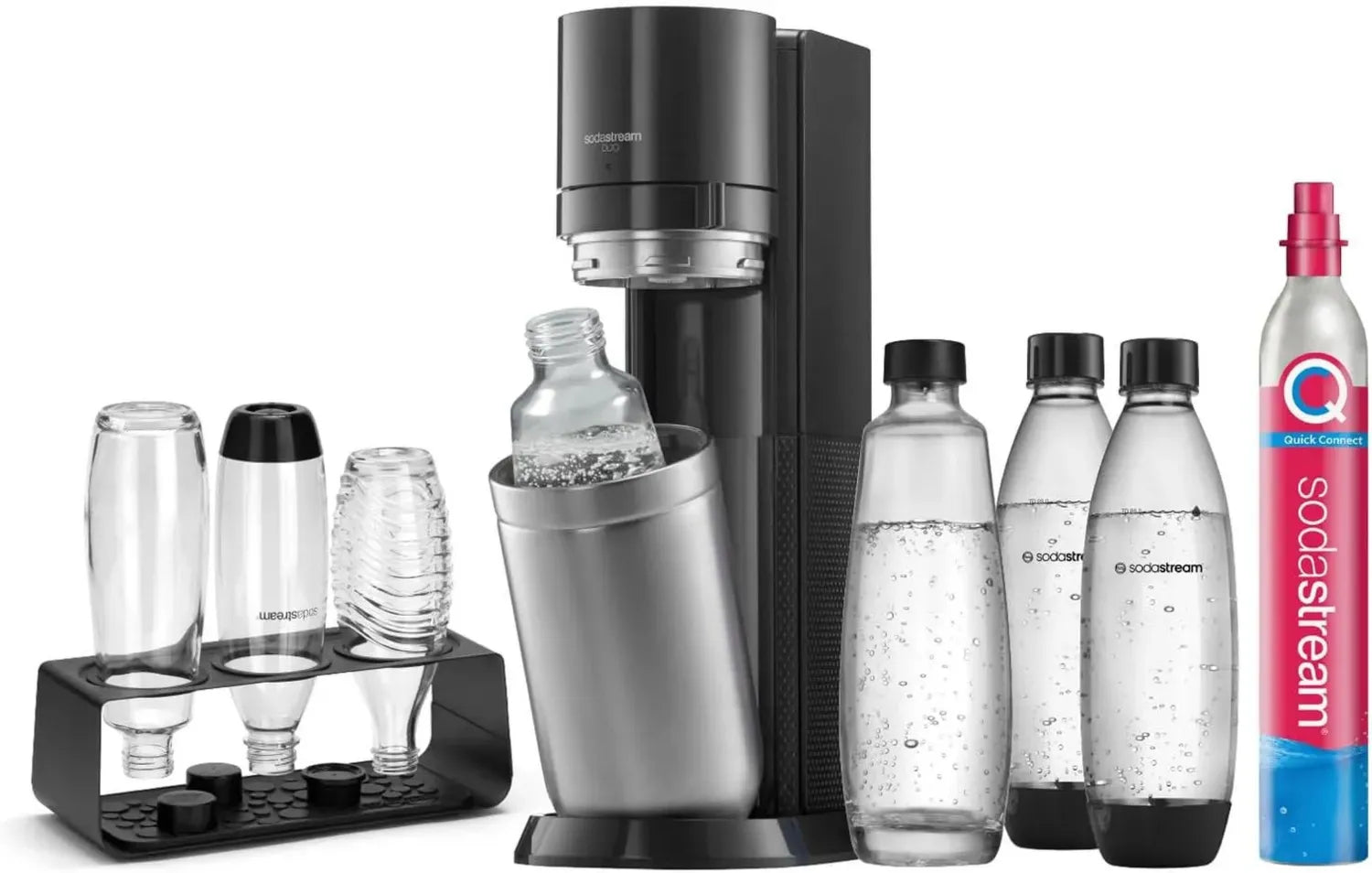 SodaStream DUO Wassersprudler Set mit Quick-Connect Zylinder und spülmaschinenfesten Flaschen, Titan
