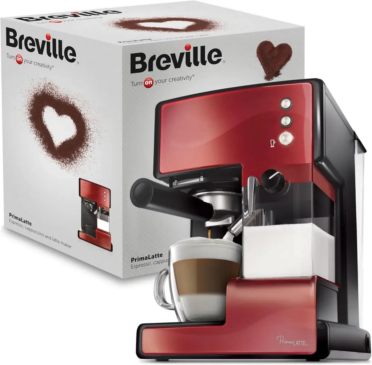Breville PrimaLatte Espressomaschine mit 15-Bar-Pumpe, Automatischem Milchaufschäumer, für Kaffeepulver und Pads, Metallic/Rot