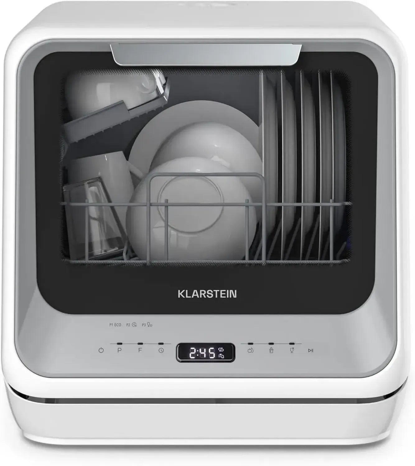 Klarstein Amazonia Mini Tischgeschirrspüler – Tragbare Spülmaschine mit 5L Wassertank, 7 Programmen, Leise 58dB, Energieklasse D, Ideal für kleine Küchen & Unterwegs, Silber