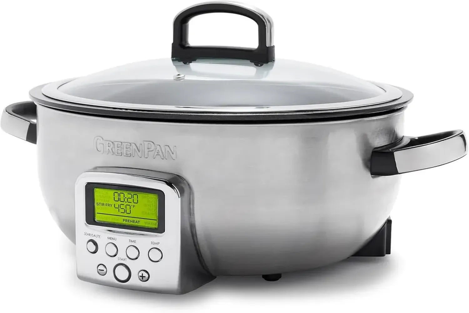 GreenPan Elite Elektrischer Kochtopf 5.6L, Einfache Vorwahlen für Braten, Sautieren, Rühren und Reiskochen, Keramik Antihaftbeschichtung ohne PFAS, Spülmaschinenfest, LED-Anzeige, Edelstahl