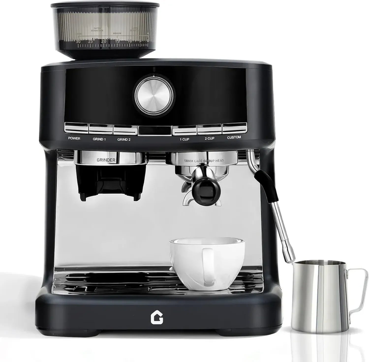 Halbautomatische Espressomaschine 20 bar mit Kaffeemühle und Milchaufschäumer, 58mm Siebträger, 1,5L Tank, leicht zu reinigen, Schwarz