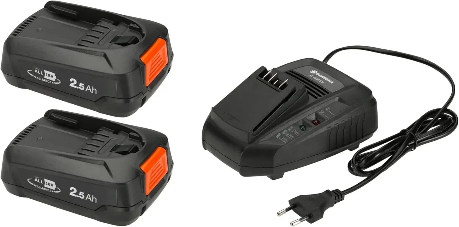 Gardena Power for All Starter-Set mit 2 Akkus und Ladegerät, 18V, 2,5 Ah, Schnellladefunktion