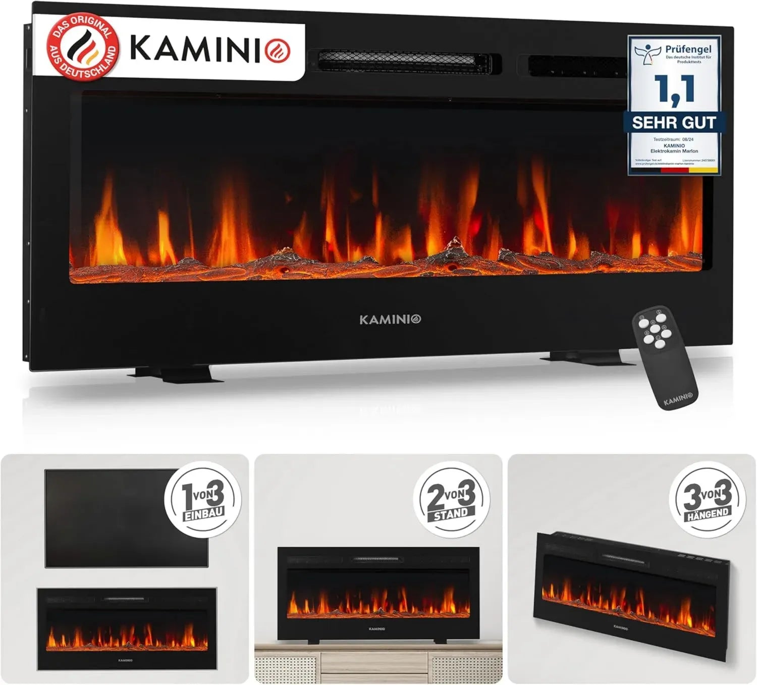 Elektrischer Kaminofen Marlon mit 3D-Flammen, 12 Farben und Fernbedienung, 42 Zoll