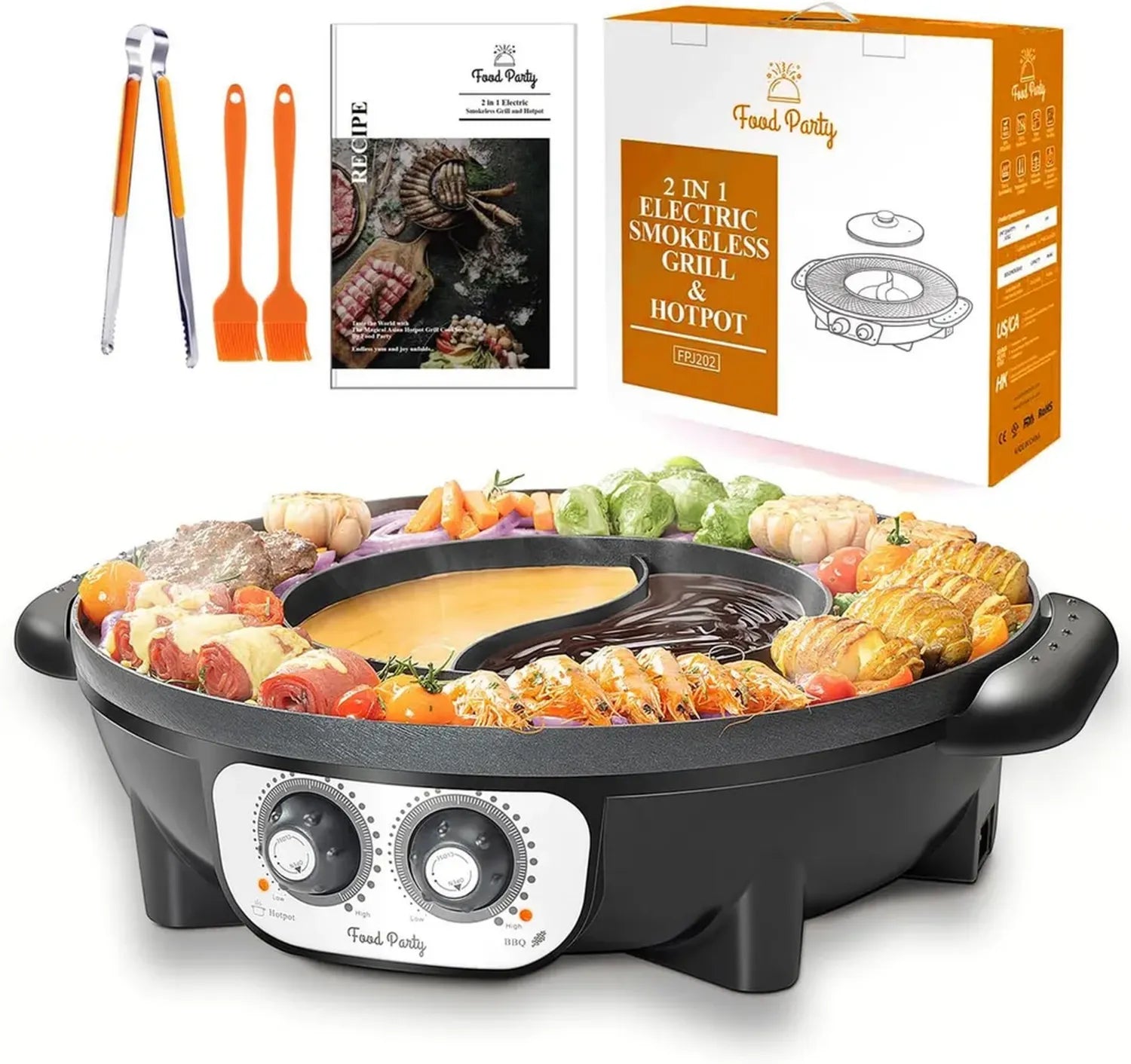 Elektrischer Tischgrill mit Hot Pot, 2200W, 2-in-1 BBQ & Fondue Set, ideal für 8 Personen