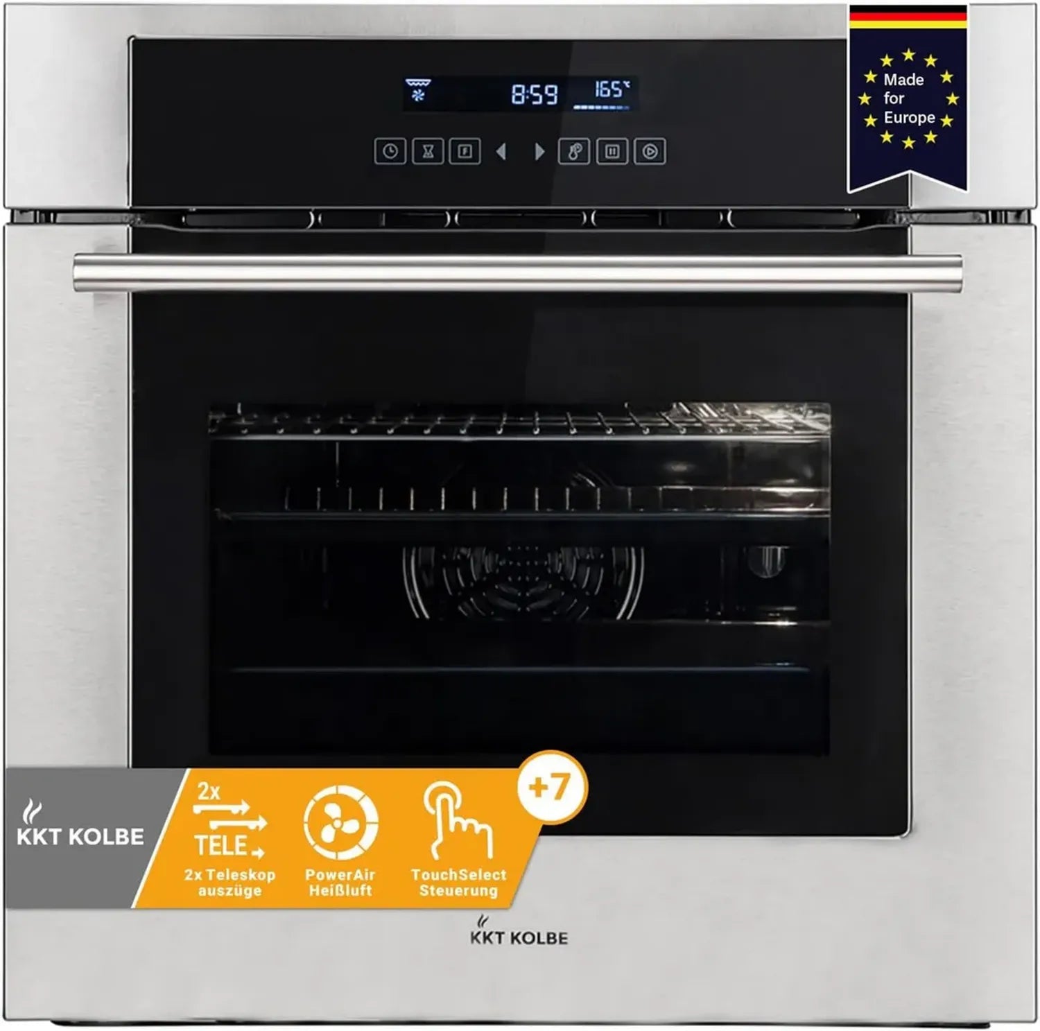 KKT KOLBE Einbaubackofen 60cm, 70L Volumen, 3,3kW Leistung, Grillfunktion, Heißluft, Teleskopauszüge, Automatischer Timer, Zweifach Wärmeschutz, Kindersicherung, Modell EB8015ED