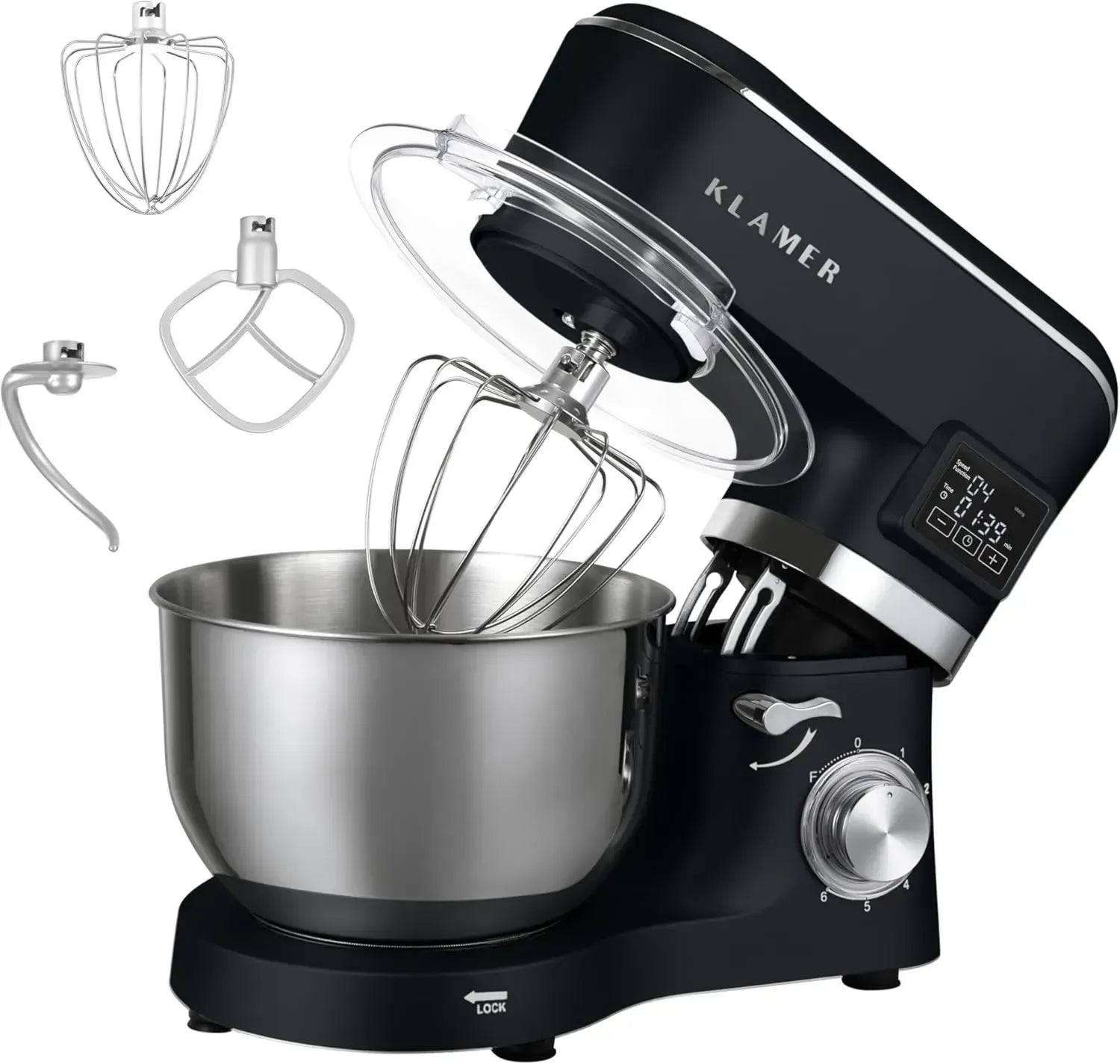 KLAMER 1400W Küchenmaschine - 5,5L Edelstahlschüssel, Teig- und Rührfunktion, LED-Display