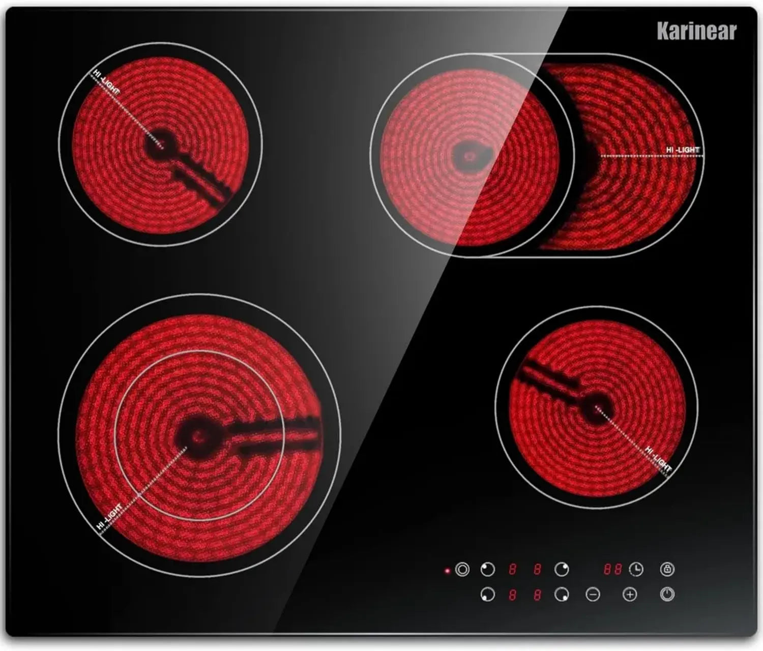 Keramikkochfeld 60 cm, 4 Zonen mit Doppel-Ausziehzone, Touch-Steuerung, Kindersicherung, Timer, 6600 W, Einbau-Design 240V