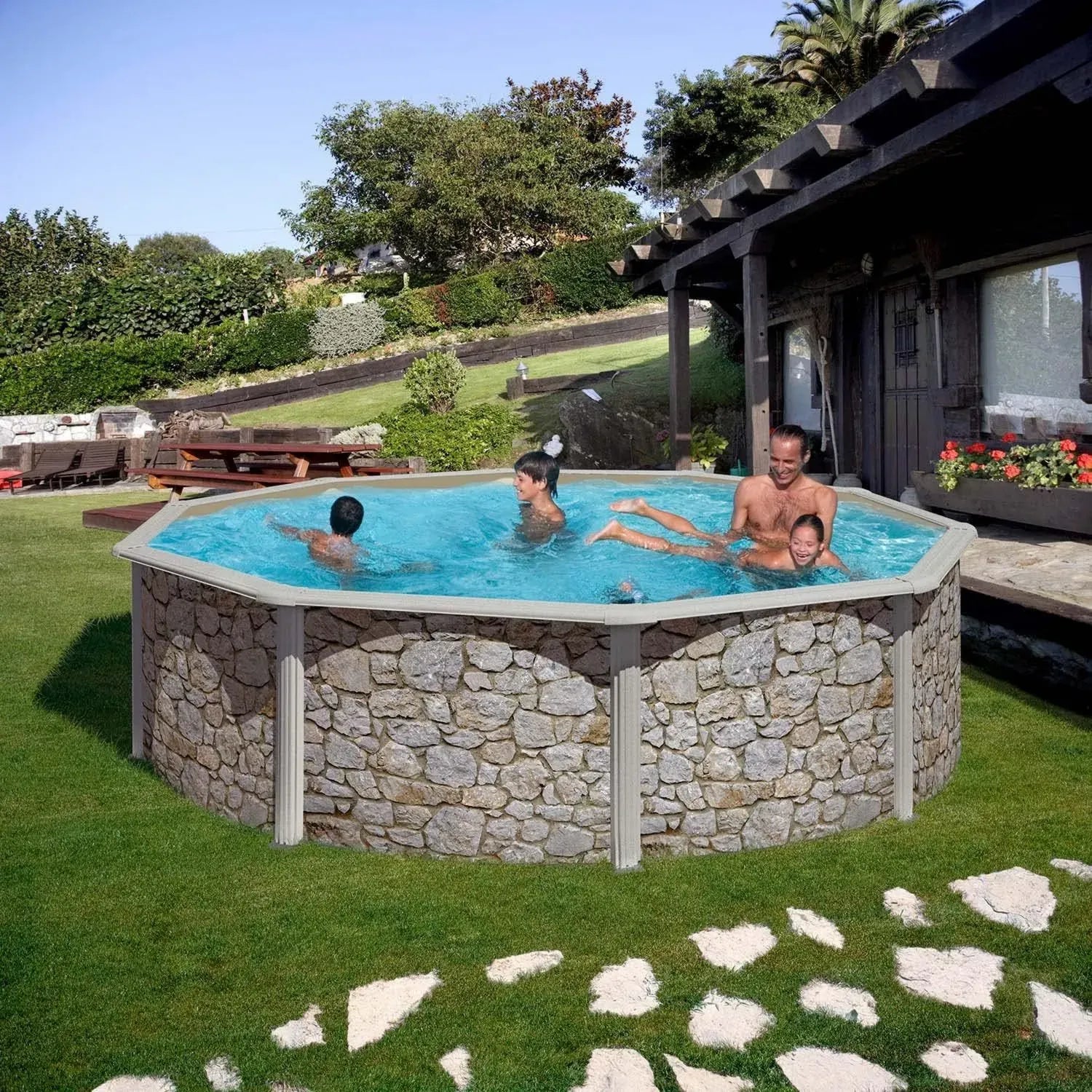 Runder Stahlwandpool 460x120cm mit Skimmer-Set und Leiter