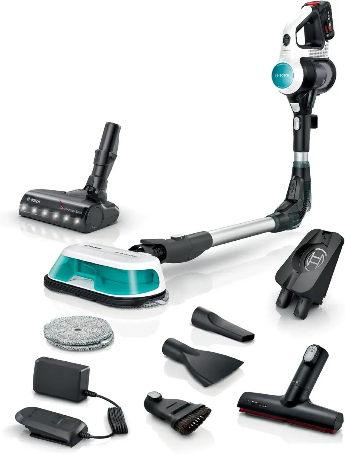 Bosch kabelloser Akku-Staubsauger Unlimited 7 ProHygienic Aqua, 2in1 Saugen & Wischen mit Knickrohr, HEPA-Filter, 10 Jahre Motorgarantie, Ersatzakku, Schnellladefunktion, hergestellt in Deutschland, weiß