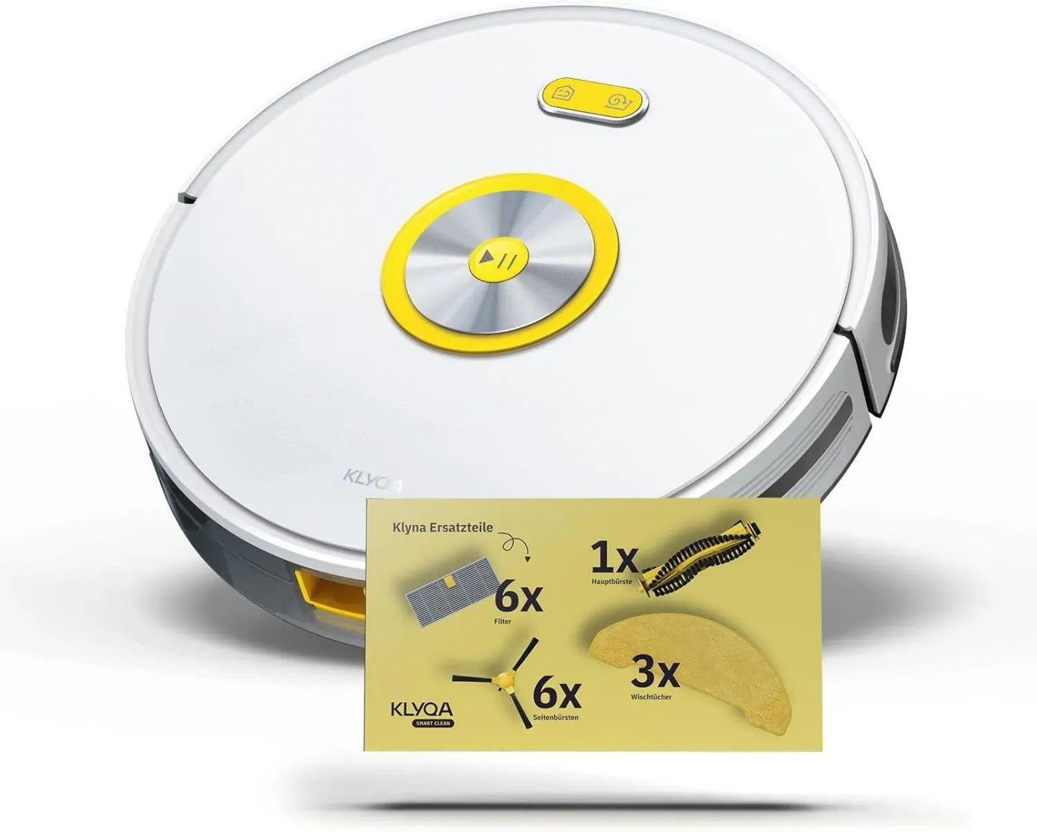 Klyna Saugroboter mit Wischfunktion und 16-teiligem Zubehörset, 2200 Pa, 60 dB, 150 Min Laufzeit, 7 cm Höhe, Haupt- und Seitenbürsten, Filter, Wischtücher, Smart Home App, Kompatibel mit Alexa und Google Assistant