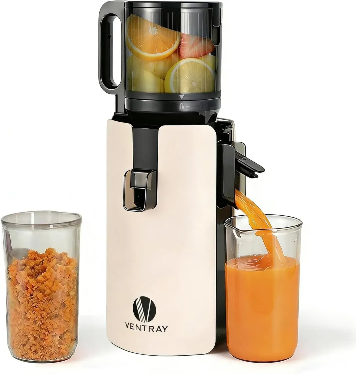 Ventray Ginnie Elektrischer Slow Juicer | Breiter Einfüllschacht für ganze Früchte & Gemüse | Doppelfilterung | BPA-frei & leicht zu reinigen (Elfenbein)