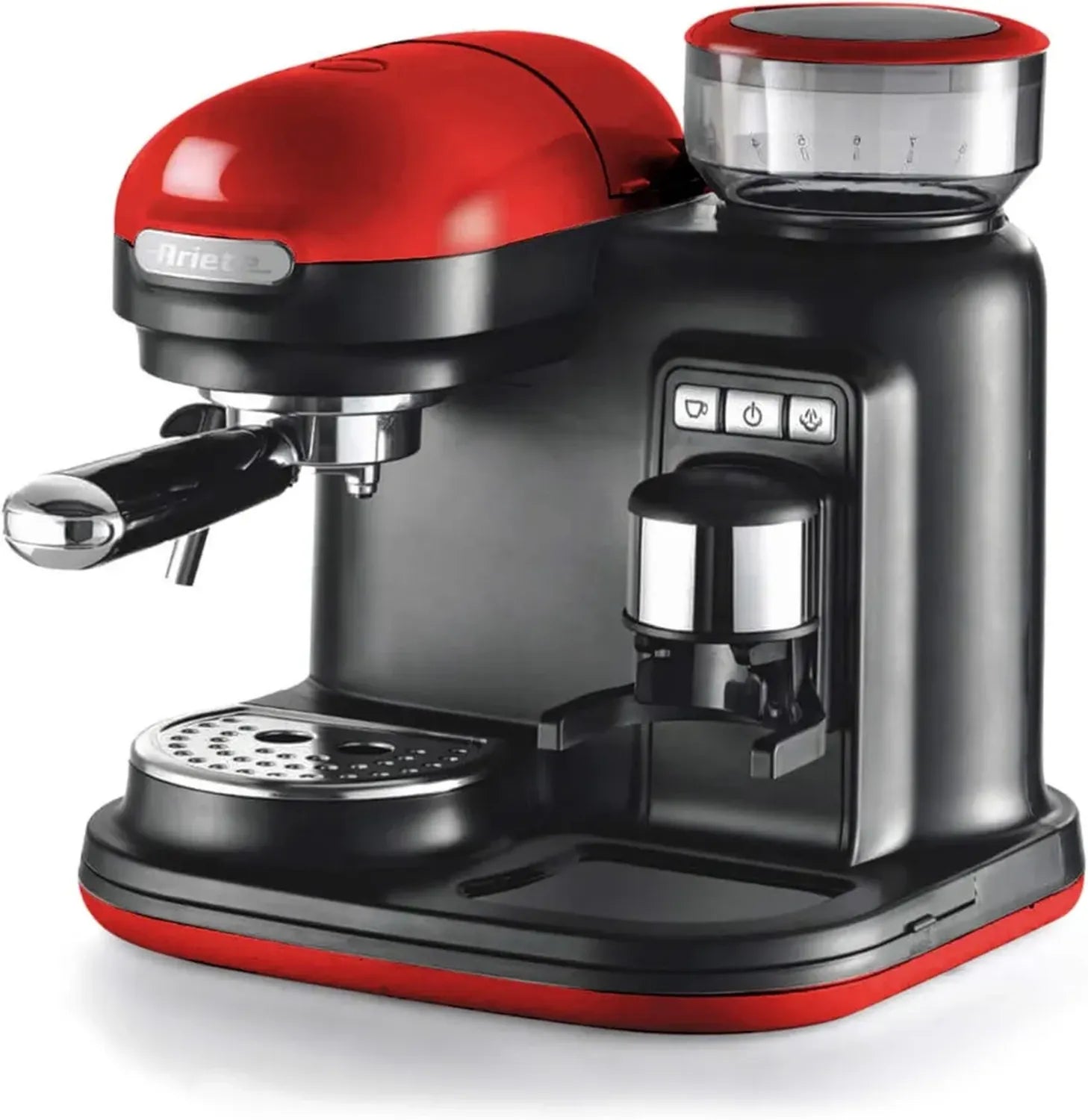 Moderne Ariete Espressomaschine mit integrierter Kaffeemühle, für 1-2 Tassen, Maxi-Cappuccino Funktion, 250 g Kaffeebohnenbehälter, automatische Abschaltung, Rot