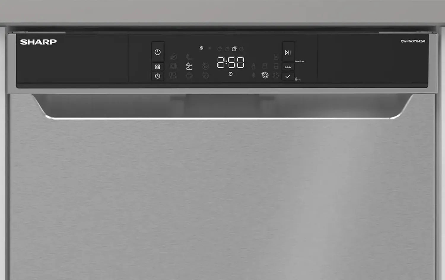 Sharp Geschirrspüler 60 cm Unterbau, 14 Gedecke, Energieklasse A, 42 dB, Turbo-Trocknung, Schnellwäsche, Dampfprogramm, AutoTür, Eco-Modus, Edelstahl