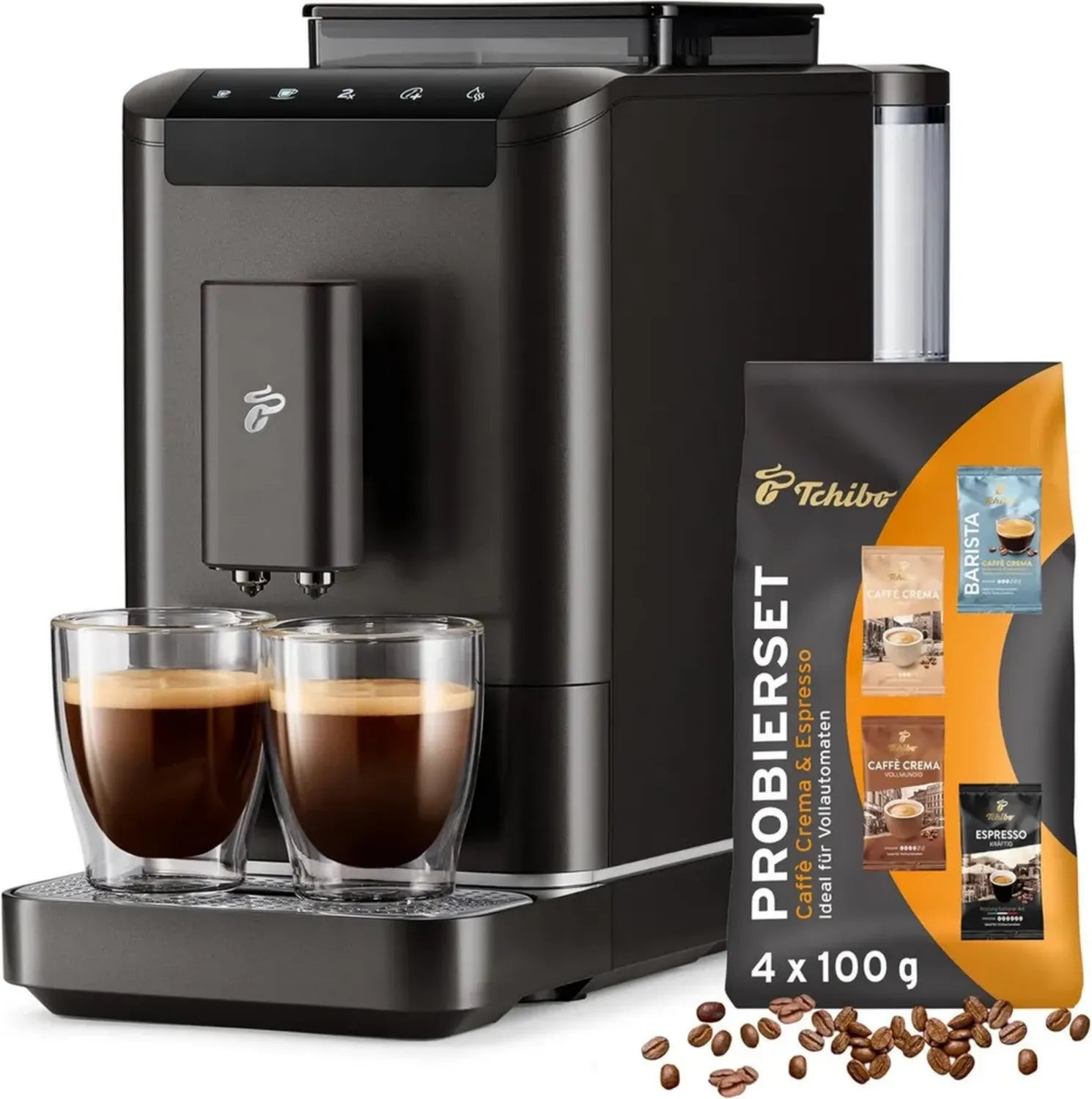 Tchibo Esperto2 Kaffeevollautomat für perfekten Caffè Crema & Espresso, 2-Tassen-Funktion, Granitschwarz mit Gratis Kaffeeprobierset