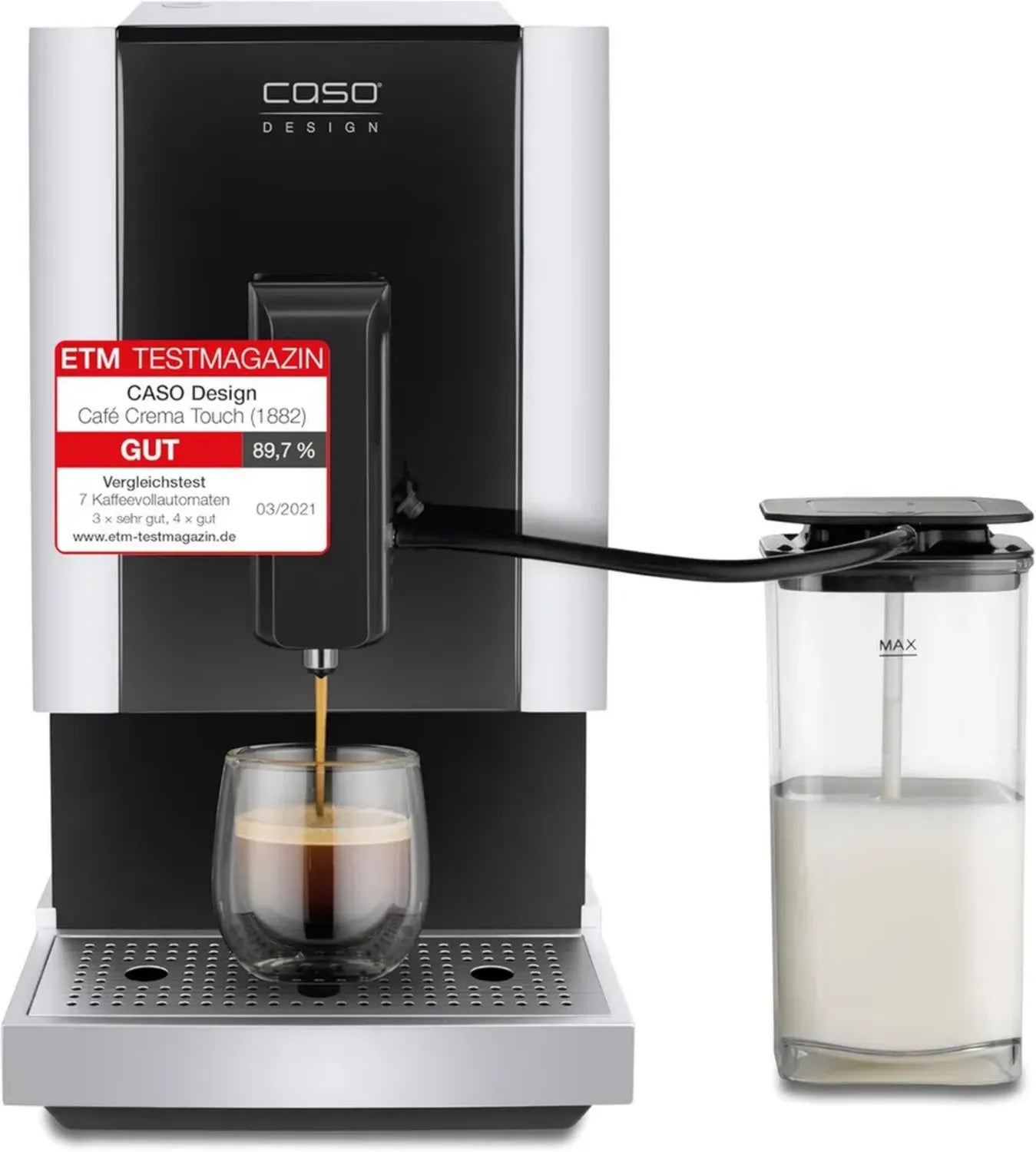 CASO Kaffeevollautomat mit Touch-Bedienung, Milchtank, verstellbares Kegelmahlwerk, sofort betriebsbereit, alle Kaffeespezialitäten per Knopfdruck, Schwarz-Edelstahl