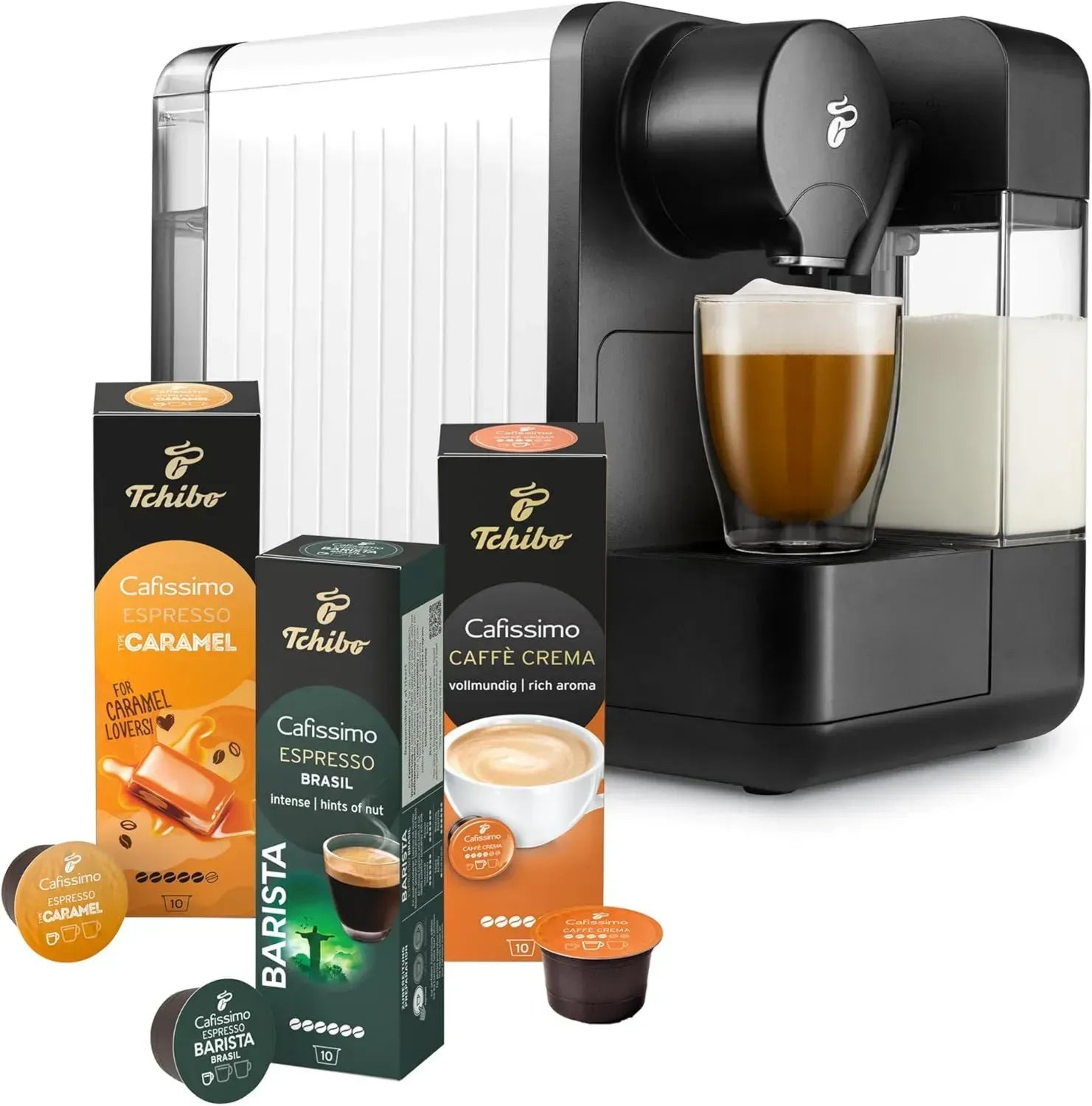 Tchibo Cafissimo Milch Kapselmaschine mit Milchaufschäumer, inklusive 30 Kapseln für vielseitigen Kaffeegenuss, Weiß