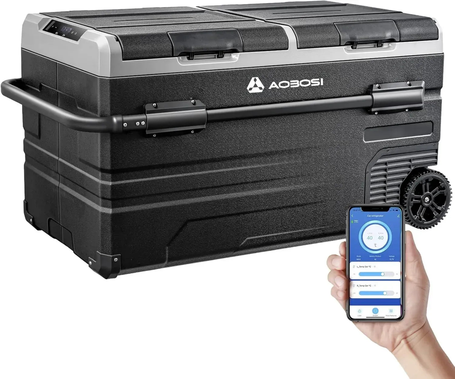 AAOBOSI 115L Kompressorkühlbox mit WLAN-App-Steuerung, USB-Anschluss, 12/24V und 100-240V, Kühlt bis -20°C für Auto, LKW, Boot, Wohnmobil, Camping