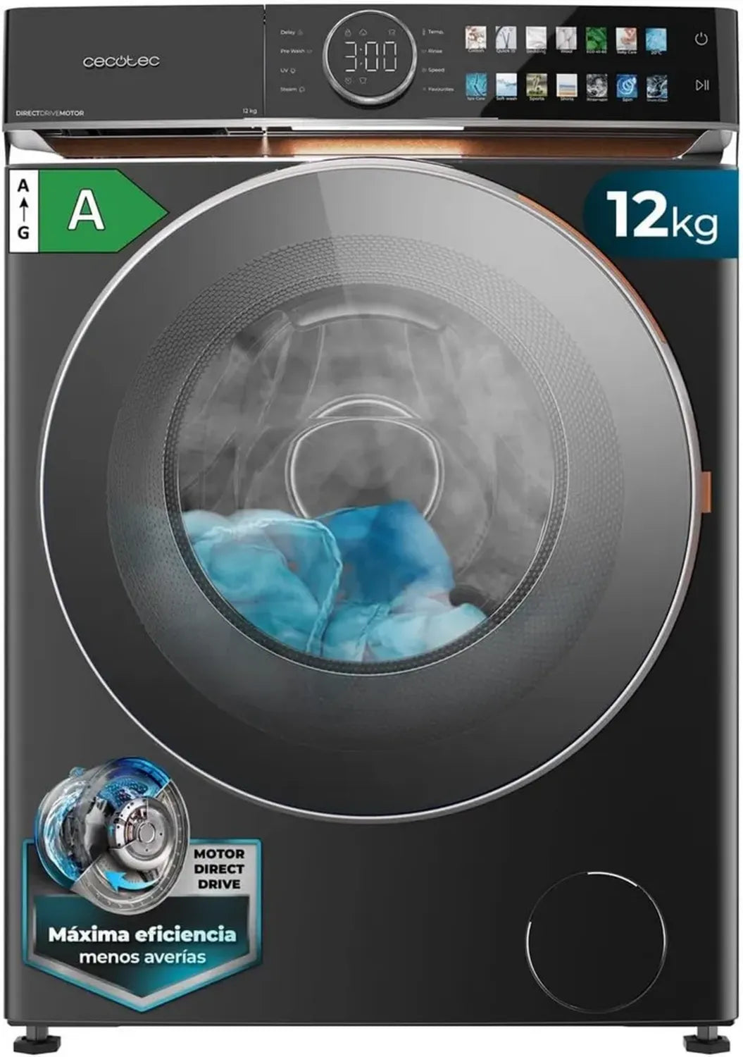 Cecotec 12 kg Frontlader Waschmaschine Bolero DressCode, Energiesparender Direct Drive Motor, 1400 U/min, FullColor Display, XXL-Tür, UV-Licht, hochwertige Lederoptik