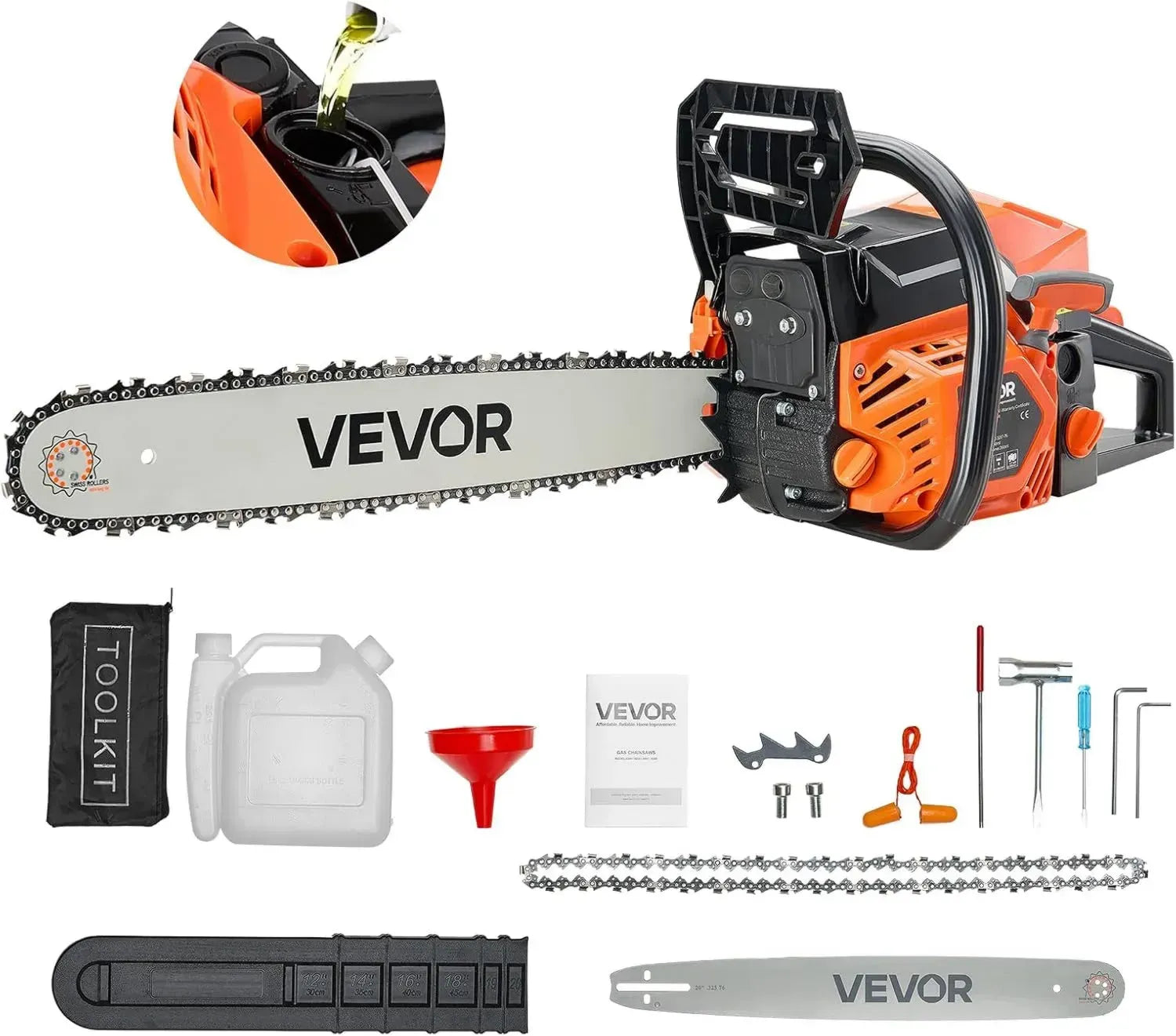 VEVOR 62cc Benzin-Kettensäge, 50,8 cm Schwert, 3,6 PS mit Anti-Rutsch-Griff, doppelte Tankkapazität & Sicherheitsfunktion, bis 11800 U/min, ideal für Holzfällarbeiten