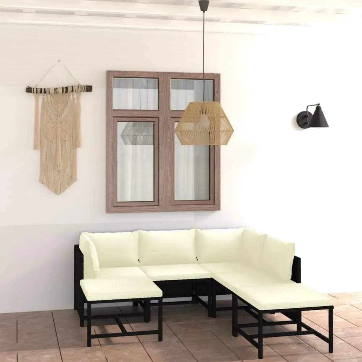 7-teiliges Poly-Rattan Gartenmöbel-Set mit cremeweißen Kissen, Eck- und Mittelteilen, Outdoor Lounge-Sofa Garnitur in Schwarz