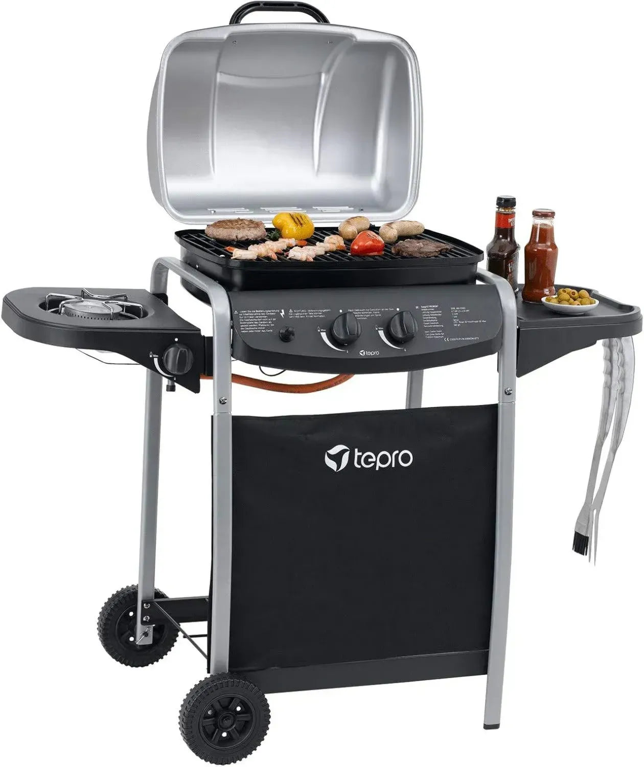 Tepro Gasgrill Fremont mit Doppelbrenner und Seitenbrenner, 7 kW, Rost-in-Rost-System, 45x34 cm Grillfläche, Piezozündung, klappbare Ablage, inklusive Regler und Schlauch