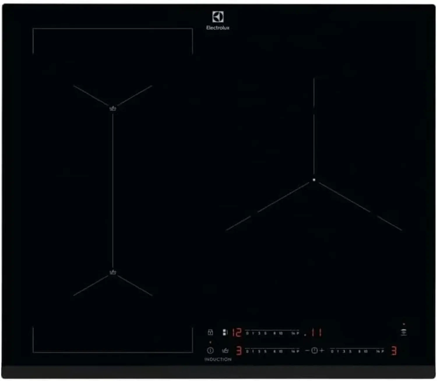 Electrolux Induktionskochfeld 60 cm, 3 Zonen, Brückenfunktion, Touchbedienung, Timer, Siedesensor, kompatible Haubenverbindung, abschrägt, extra flach, Schwarz