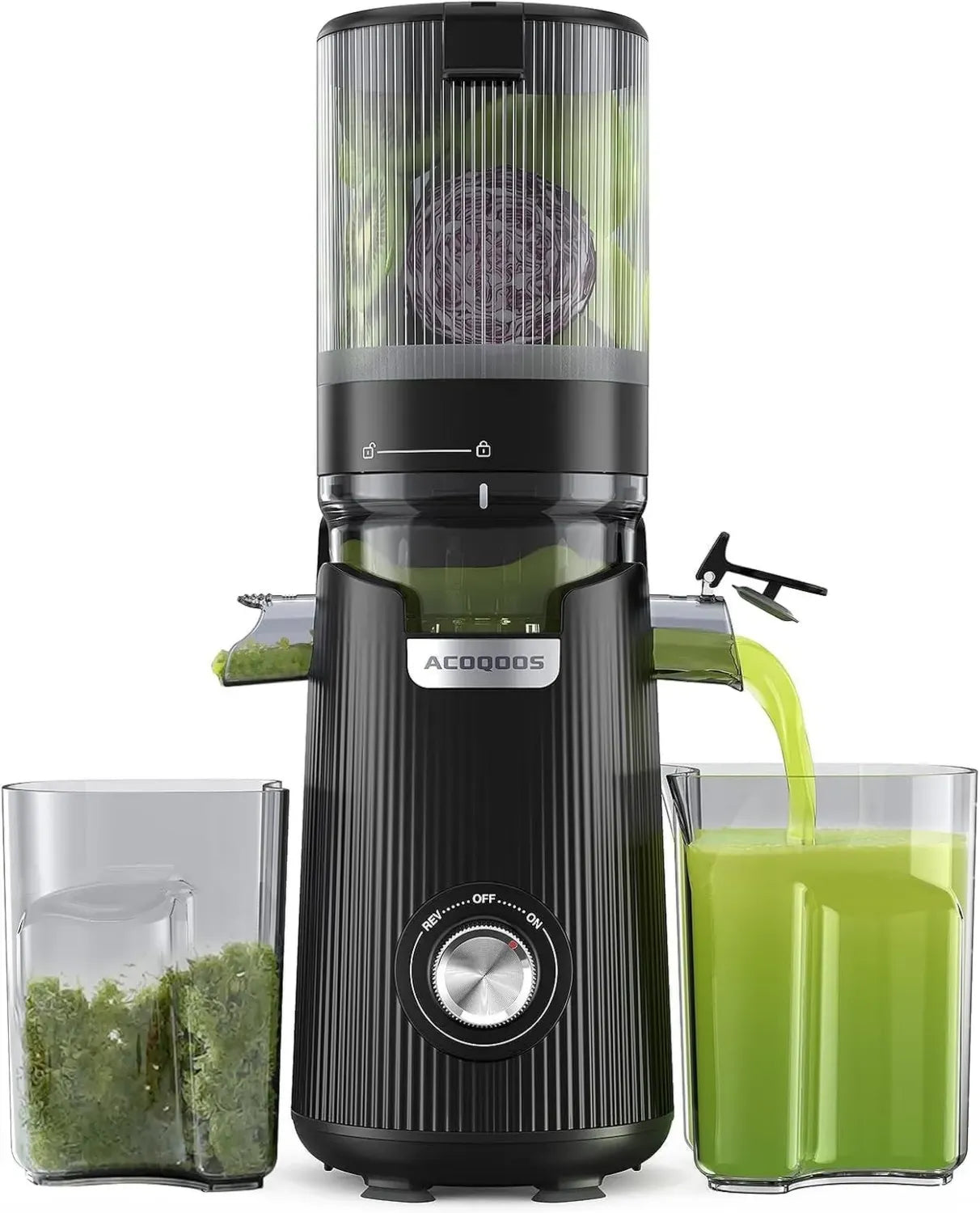ACOQOOS Elektrischer Slow Juicer - Breite Fütterungsröhre, Leicht zu Reinigen, 1,8 L Volumen, Schwarz