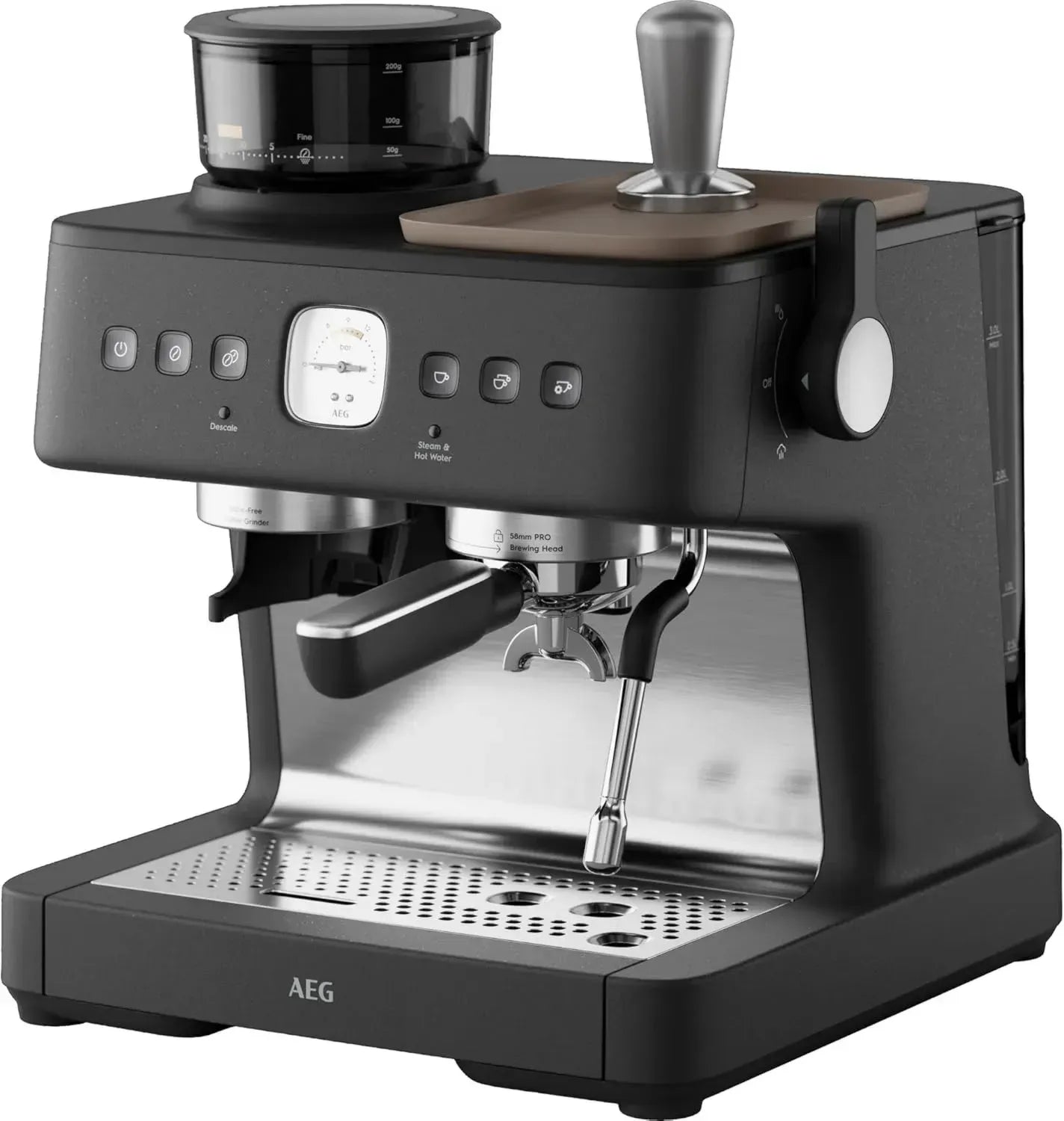 AEG Siebträgermaschine Espresso Pro – Dual Thermoblock, 30 Mahlstufen, 20 Bar, PID Temperaturkontrolle, 58mm Brühsystem, Milchaufschäumer, Tassenwärmer, Schwarz