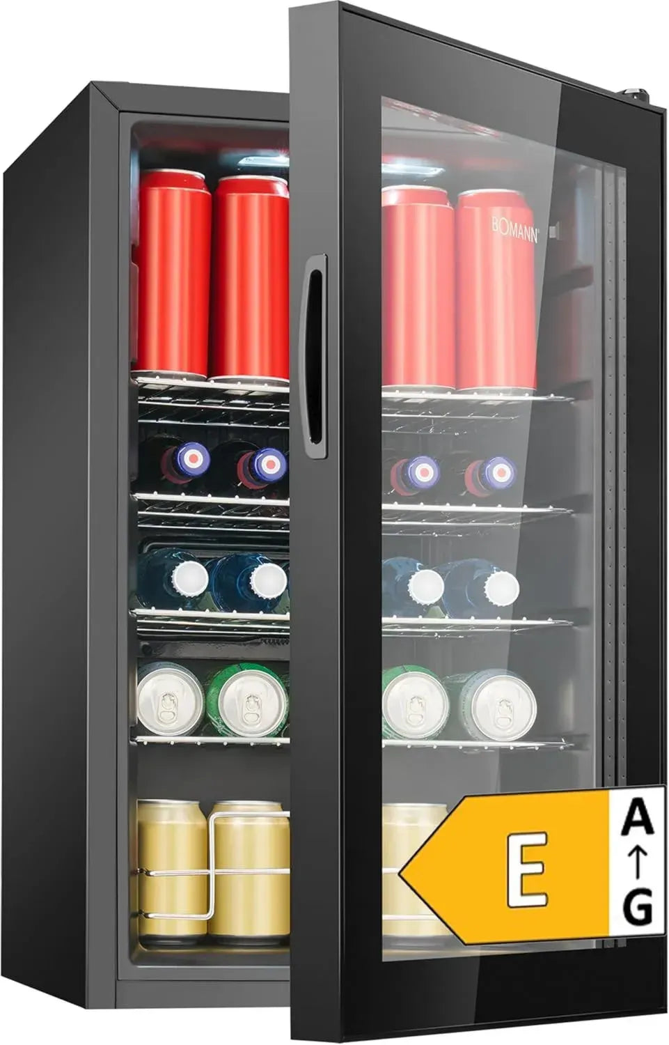 Bomann Getränkekühler 63 L mit Glastür – Leiser Kühlschrank für bis zu 89 Dosen, ideal für Büro und Party, LED-Beleuchtung