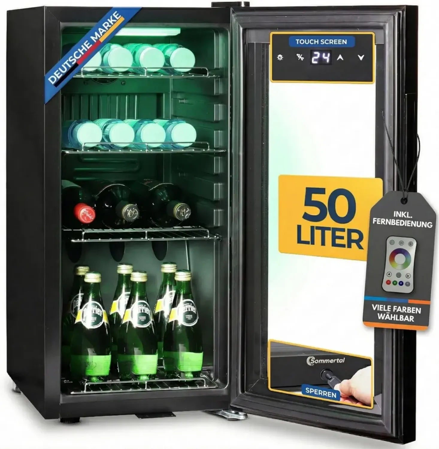 Mini-Kühlschrank mit Glastür und LED-Beleuchtung 50L - Leise Getränkeaufbewahrung mit Touchscreen und Schloss, Schwarz