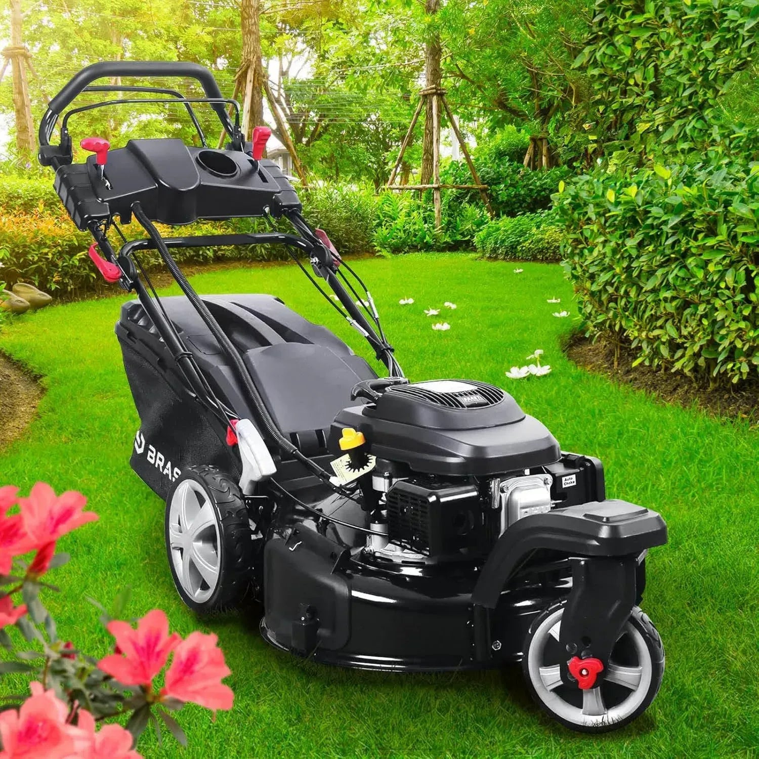 BRAST Benzin-Rasenmäher Trike mit Elektrostart, 5,2 kW Leistung, 53 cm Schnittbreite, TüV-geprüft, 4-Takt Motor, 30-80 mm Schnitthöhe, 60L Fangkorb, robustes Stahlgehäuse