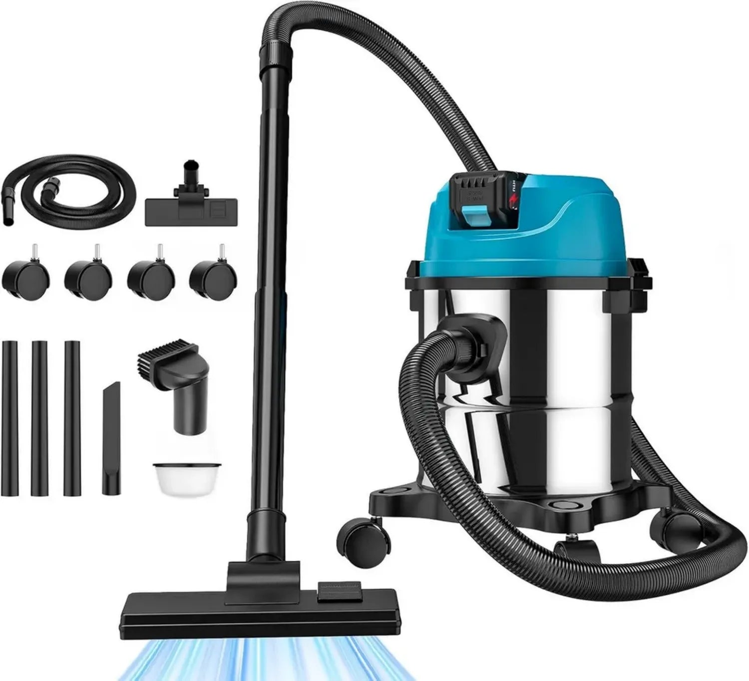 Akku-Nass- und Trockensauger 18V, 15L Edelstahlbehälter, 1200W, Kompatibel mit Makita, Inkl. Boden- und Fugendüse, Ø32mm Schlauch, Ohne Batterie
