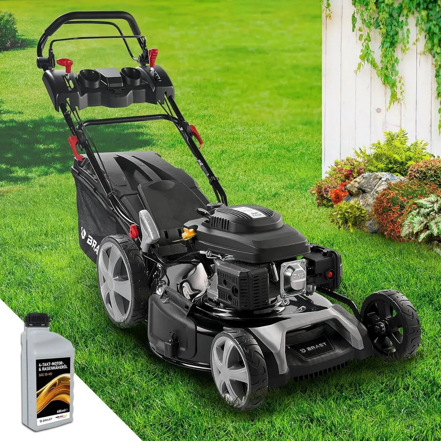 BRAST Benzin-Rasenmäher mit Eigenantrieb, 5,2 kW Leistung, 55 cm Schnittbreite, TÜV-zertifiziert, Höhenverstellung 30-80 mm, 60L Fangkorb, robuster 4-Takt-Motor, stabiles Stahlgehäuse