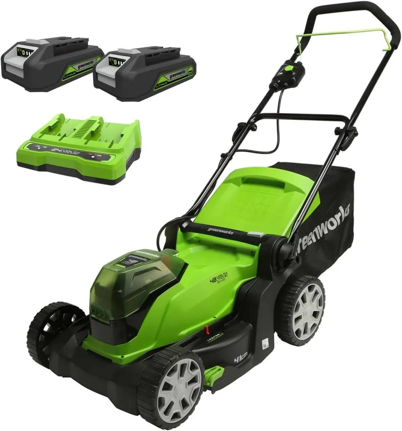 Greenworks 48V Akku-Rasenmäher, 41 cm Schnittbreite, 6-stufige Höhenverstellung, inkl. 2 Akkus & Ladegerät