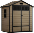 YITAHOME Gartenhaus aus Kunststoff mit Lüftung und abschließbarer Tür, 182x134x210 cm, für Fahrräder und Werkzeuge, mit zaunähnlichen Fenstern, Braun