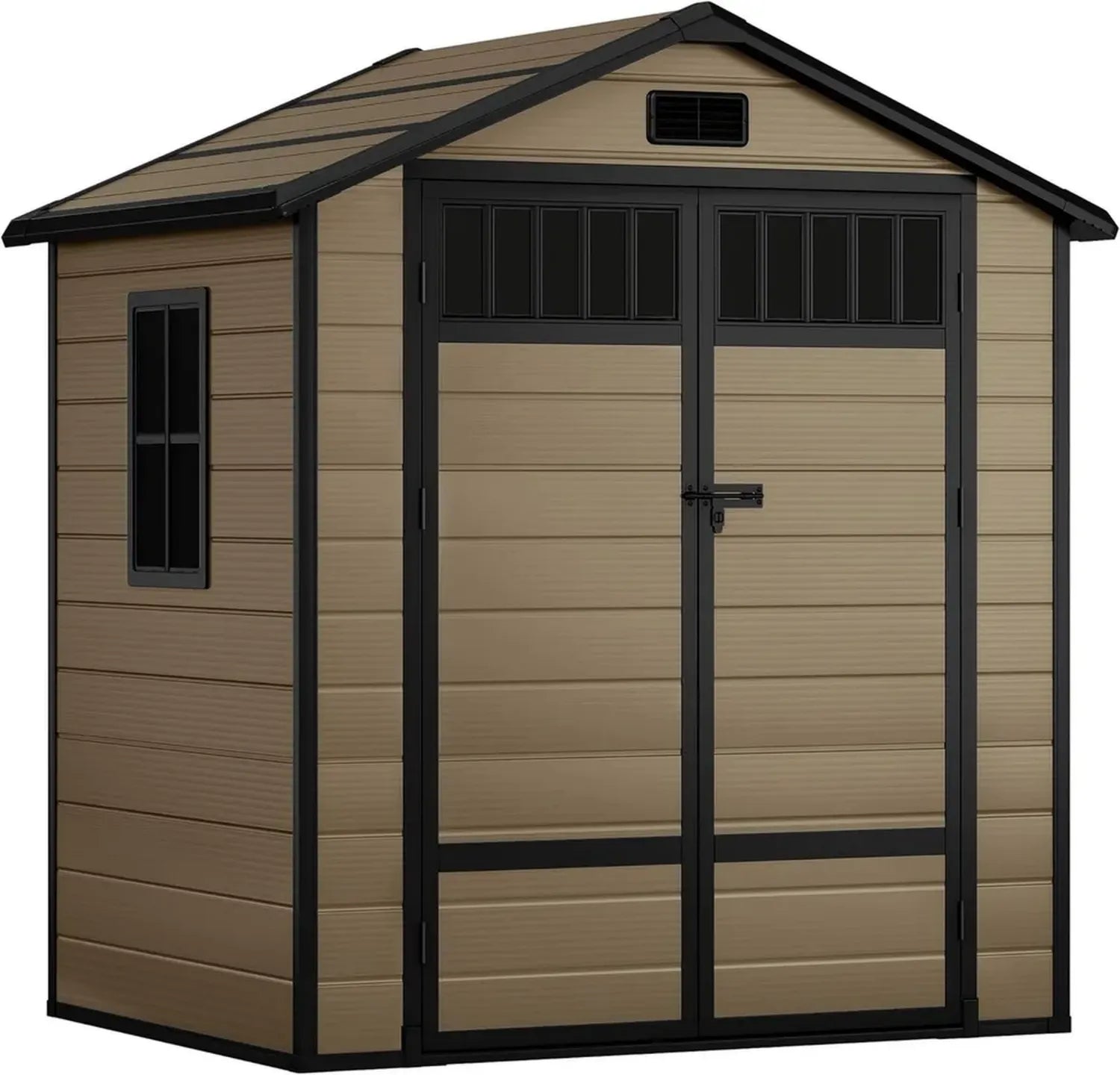 YITAHOME Gartenhaus aus Kunststoff mit Lüftung und abschließbarer Tür, 182x134x210 cm, für Fahrräder und Werkzeuge, mit zaunähnlichen Fenstern, Braun