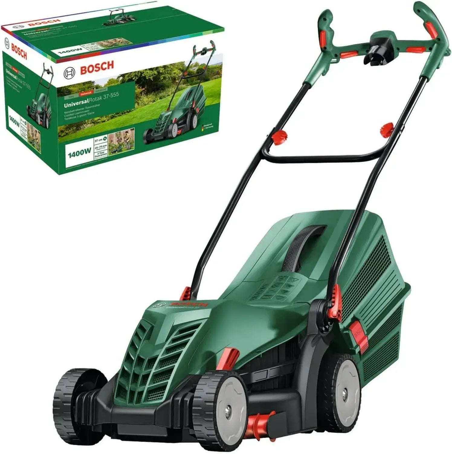 Bosch Elektro-Rasenmäher UniversalRotak 37-555, 1400 W, 37 cm Schnittbreite, 40 L Fangkorb, Ergonomische Griffe