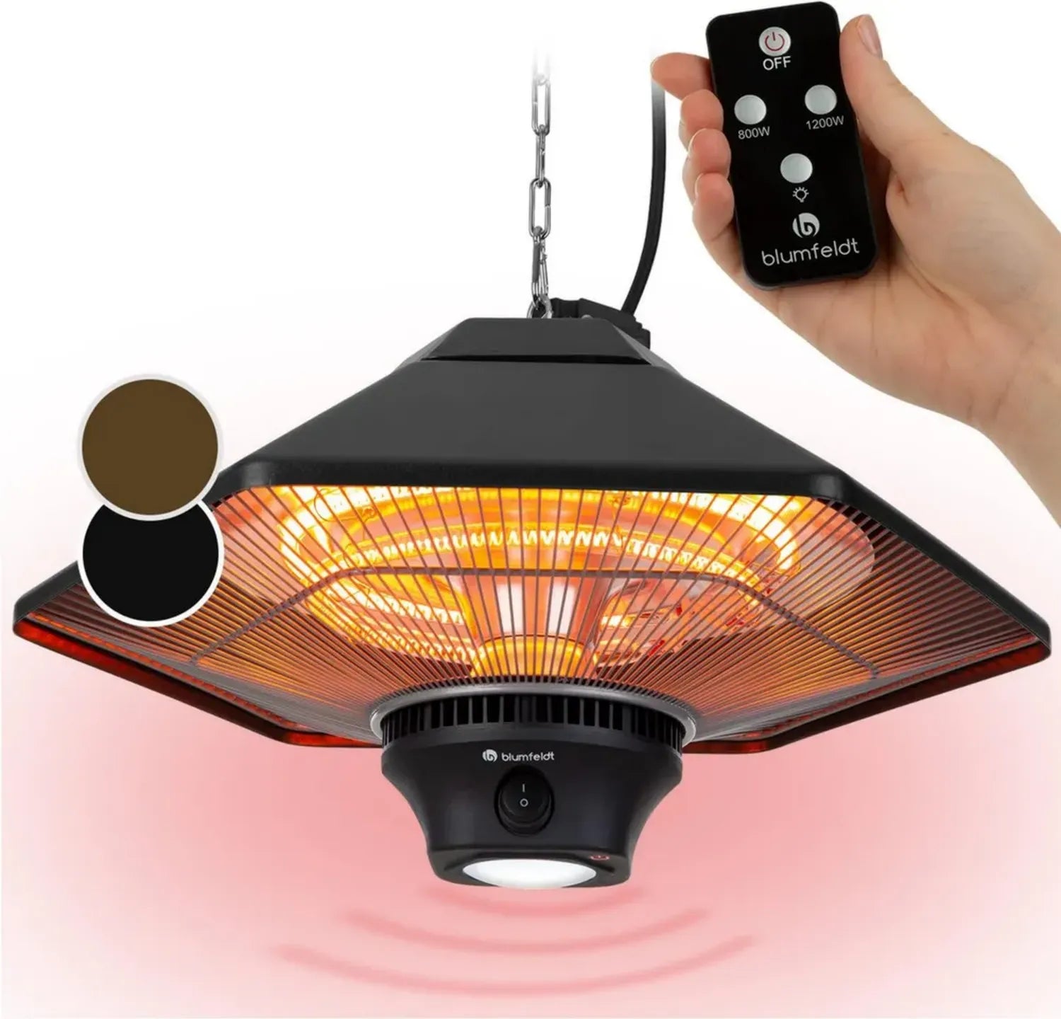 Blumfeldt Heat Hexa Infrarot-Heizstrahler für Terrasse, elektrische Deckenheizung, 800/1200/2000 W, IR ComfortHeat, Halogen-Elemente, schwarz
