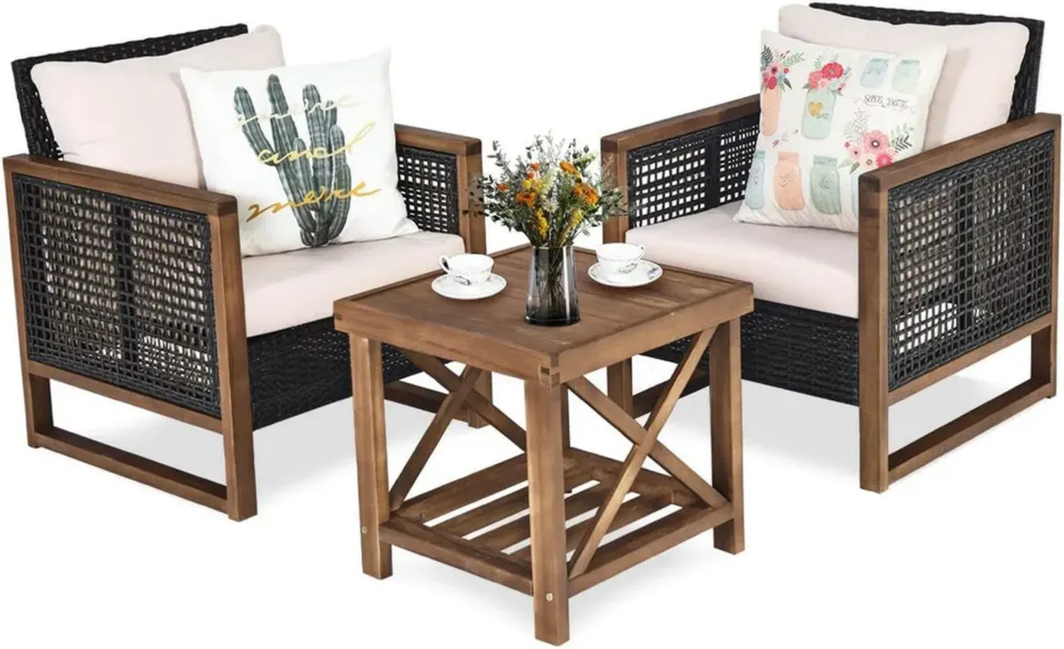 GIANTEX 3-teiliges Rattan Gartenmöbel Set für Balkon, Sitzgruppe für 2 Personen, Lounge-Set mit zwei Sesseln und Holztisch, inklusive waschbarer Kissen