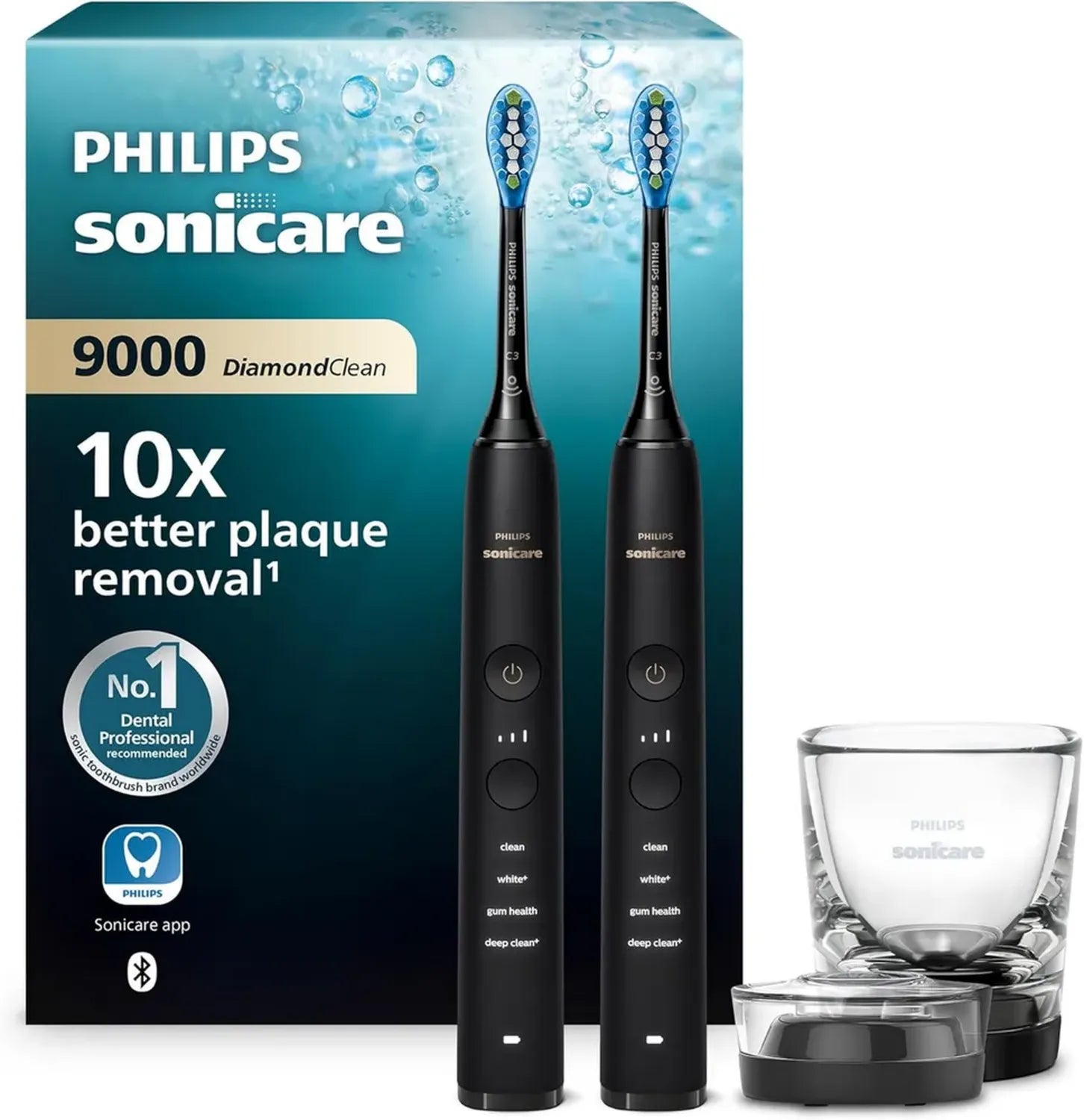 Philips Sonicare DiamondClean 9000 Schallzahnbürste, Bluetooth, Drucksensor, 4 Modi, 3 Intensitäten, Ladeglas, Schwarz, Doppelpack