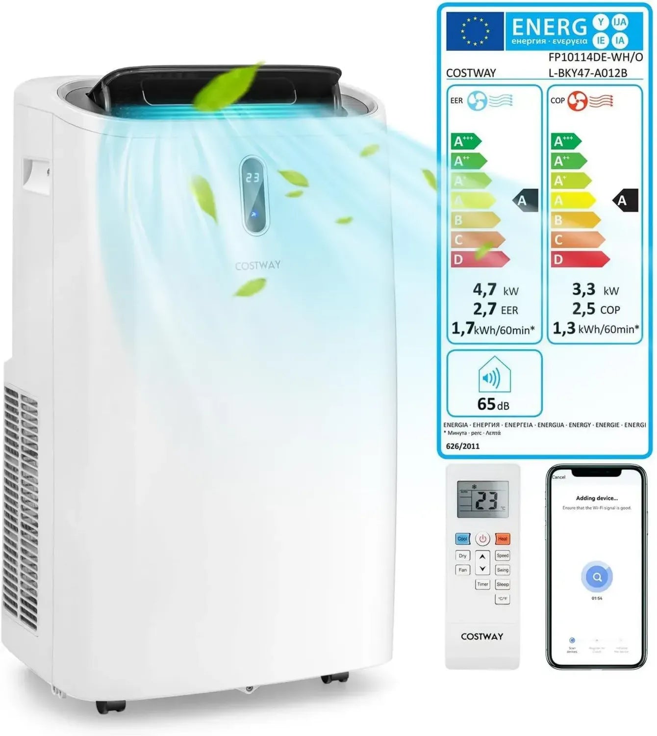 Leistungsstarke 5-in-1 mobile Klimaanlage 16000BTU mit Fernbedienung und App-Steuerung für Räume bis 150 m³, leise Betriebsmodi und 24-Stunden-Timer