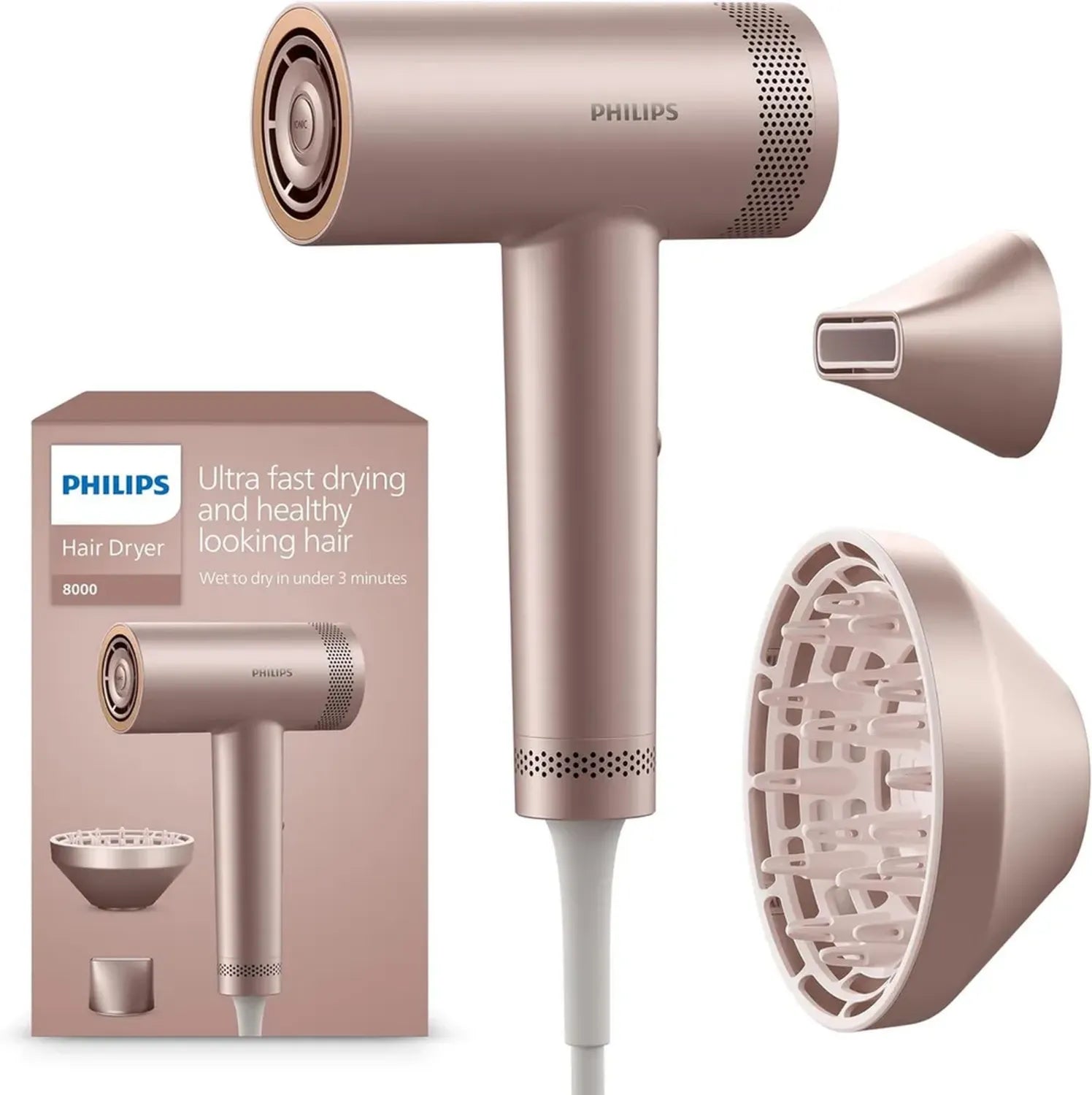 Philips Haartrockner Serie 8000, ThermoShield Technologie, Ionenfunktion, inklusive Stylingdüse & Diffusor, 1400W, Rose Champagne