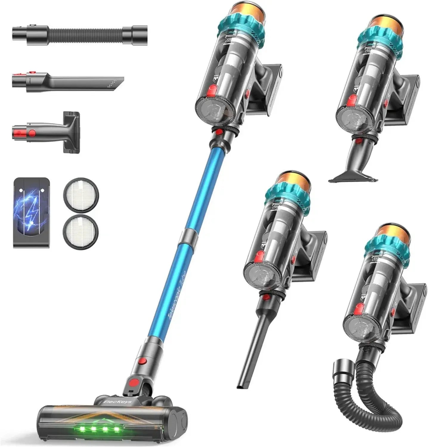 ElecKeys Kabelloser Staubsauger 50000Pa, 580W, 70 Min - LED Display, 1,8L - Tierhaare & Hartböden - Blau