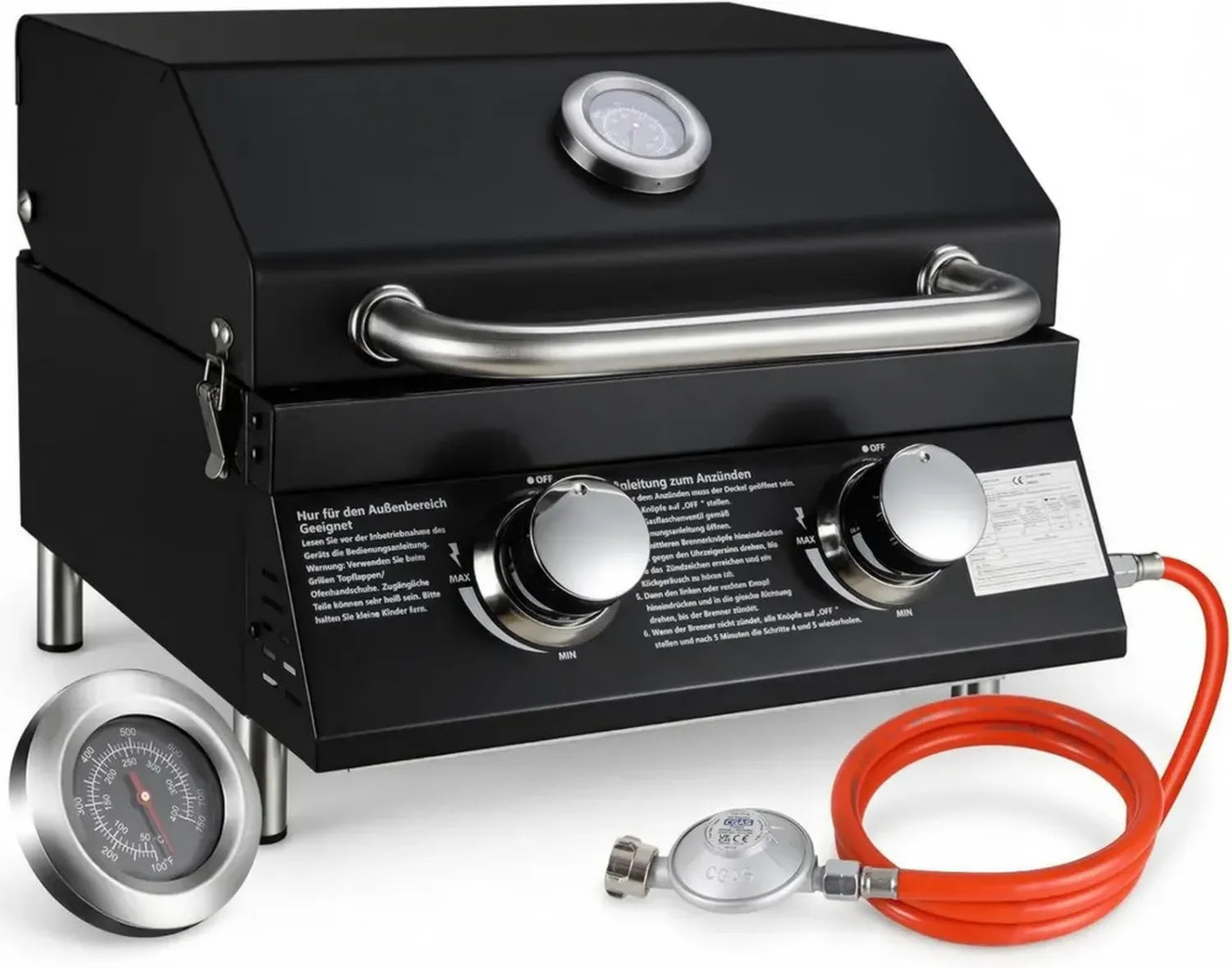 Kompakter 2-Brenner Gasgrill mit emailliertem Grillrost und Thermometer, tragbarer Tischgrill für Camping und Balkon, 4,4 kW Leistung, 42x33 cm Grillfläche, schwarz