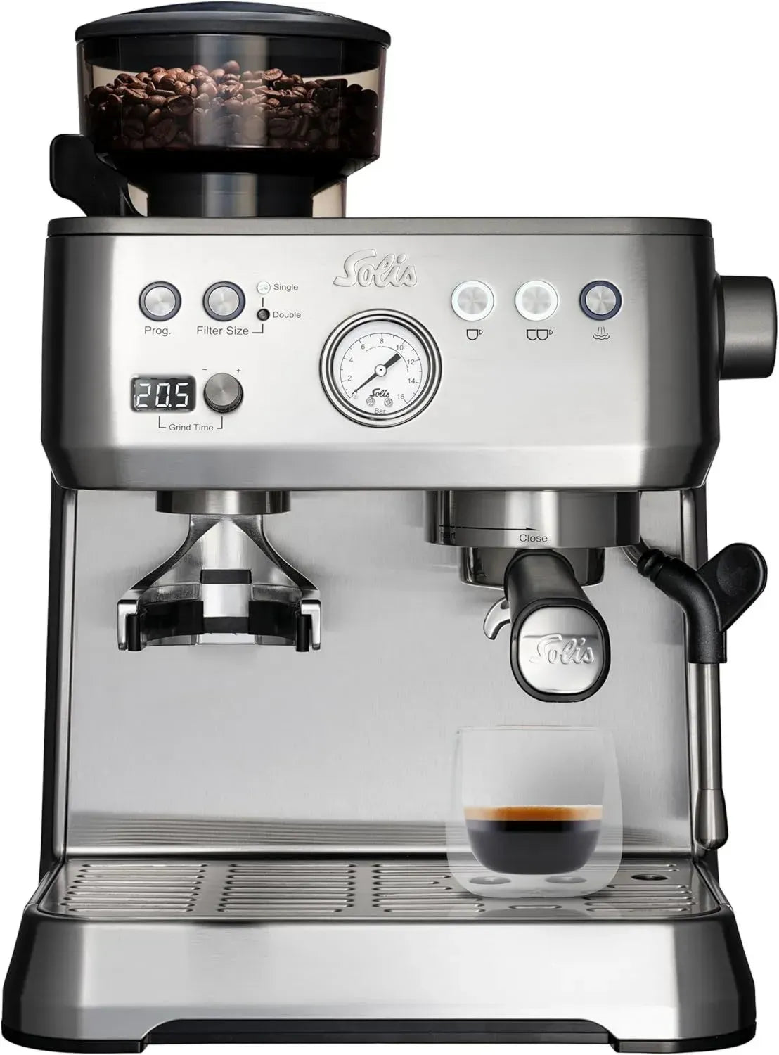 Solis Espressomaschine mit Mahlwerk und Milchaufschäumer, halbautomatisch, abnehmbarer Wassertank, Silber
